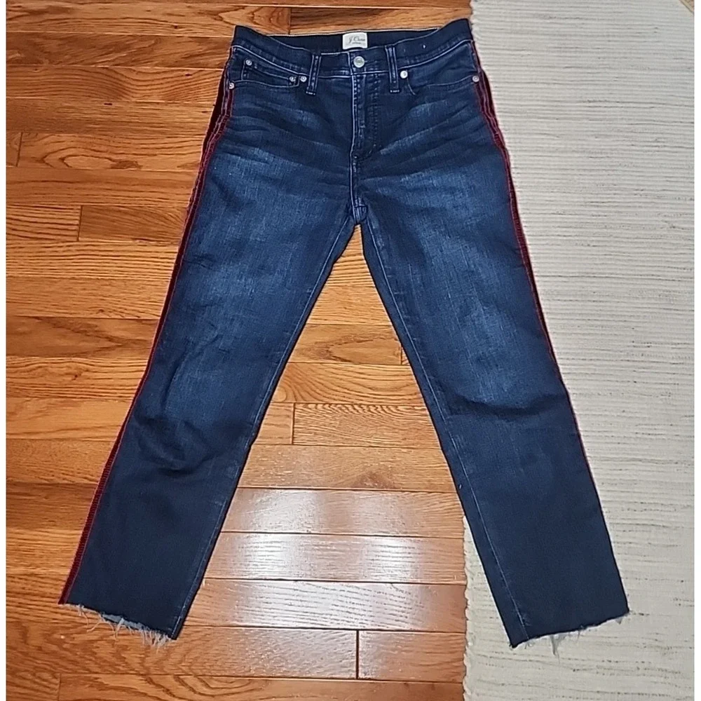 J Crew Vintage Straight Denim Crop Jeans Dark Wash Red Velvet Stripe Mid Rise 27